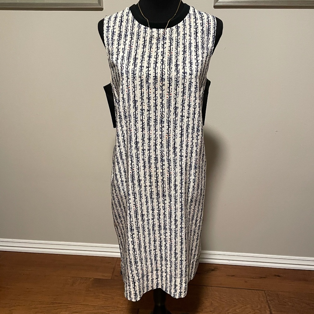 Derek Lam silk sleeveless midi dress in white+blue-gray print, size 12
